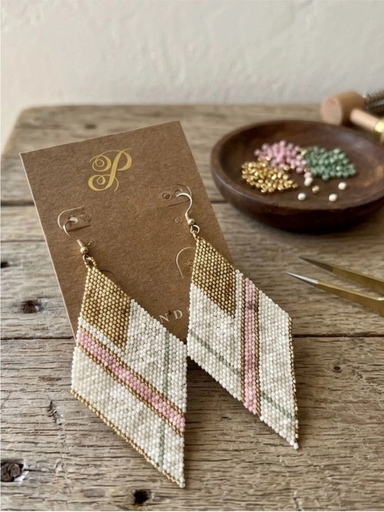 Plunder Jewelry - Plunder White, Gold, Pink & Green Beaded Chevron Drop Earrings